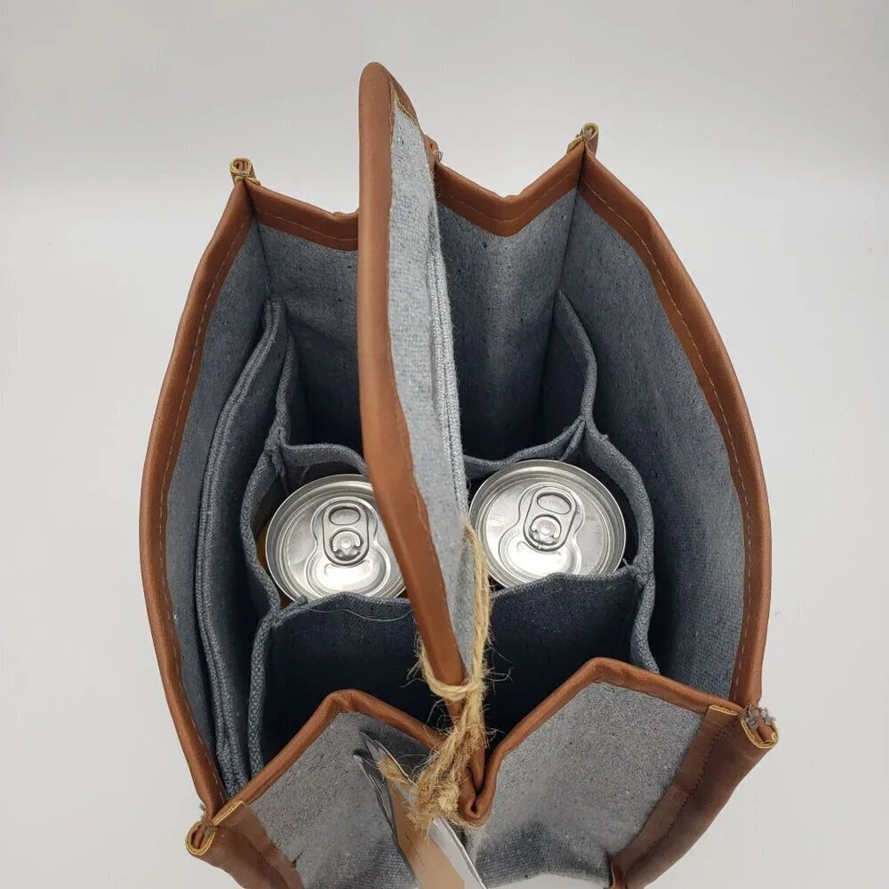 NWT Handmade Natural Canvas Grey Carry Tote Beer 6 Can Bottle Reusable Gift Bag